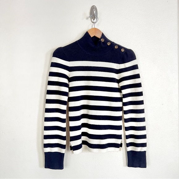 Goop G. LABEL Mindy Cashmere Wool Striped Turtleneck Sweater in Navy Cream - Picture 12 of 17